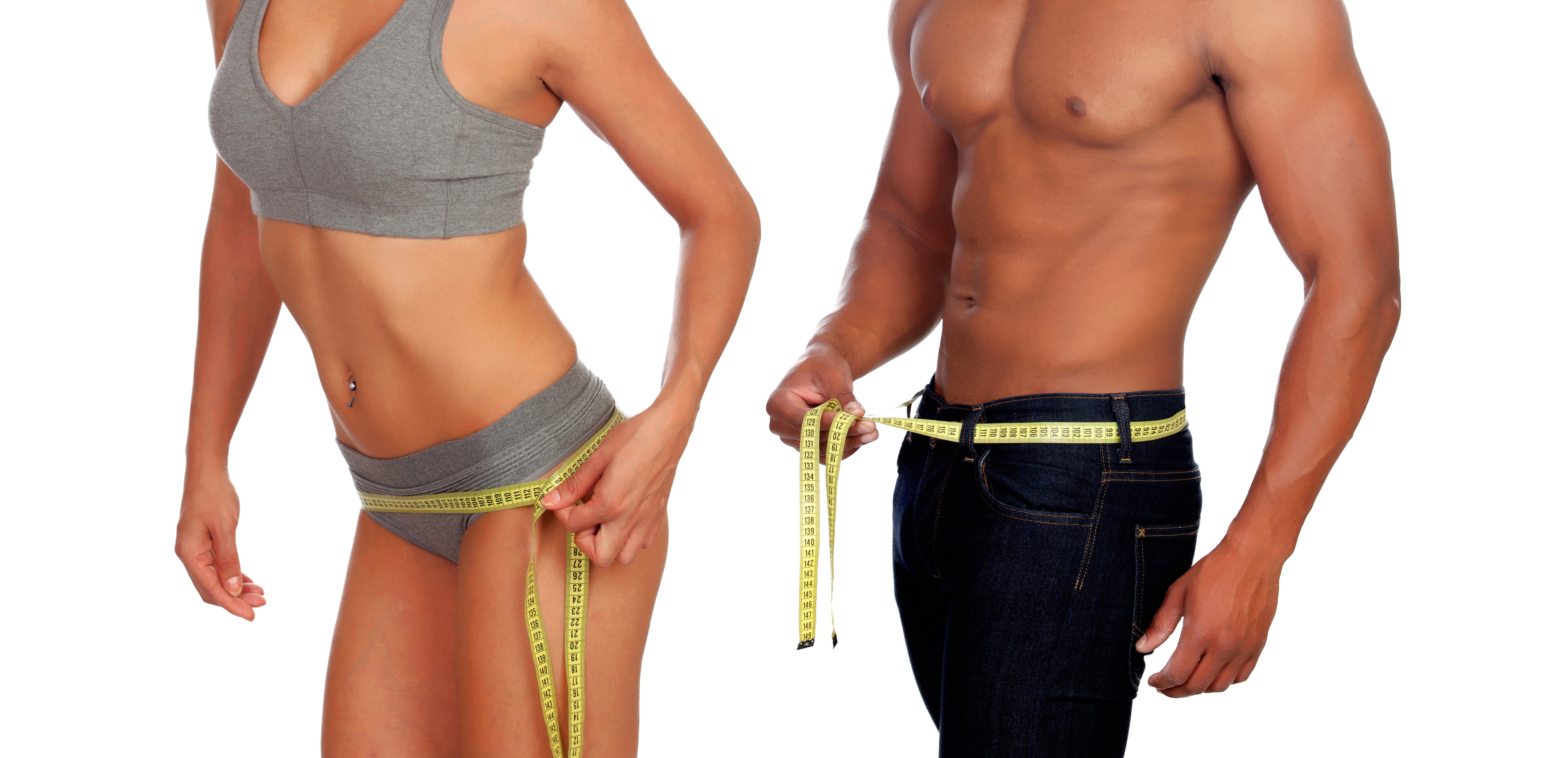 Bodies of man and woman measuring the waist with tape isolated on a white background